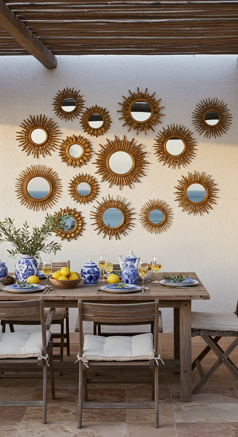 Buitenmuur boven een eettafel gedecoreerd met een collectie gouden 'sunburst' spiegels.