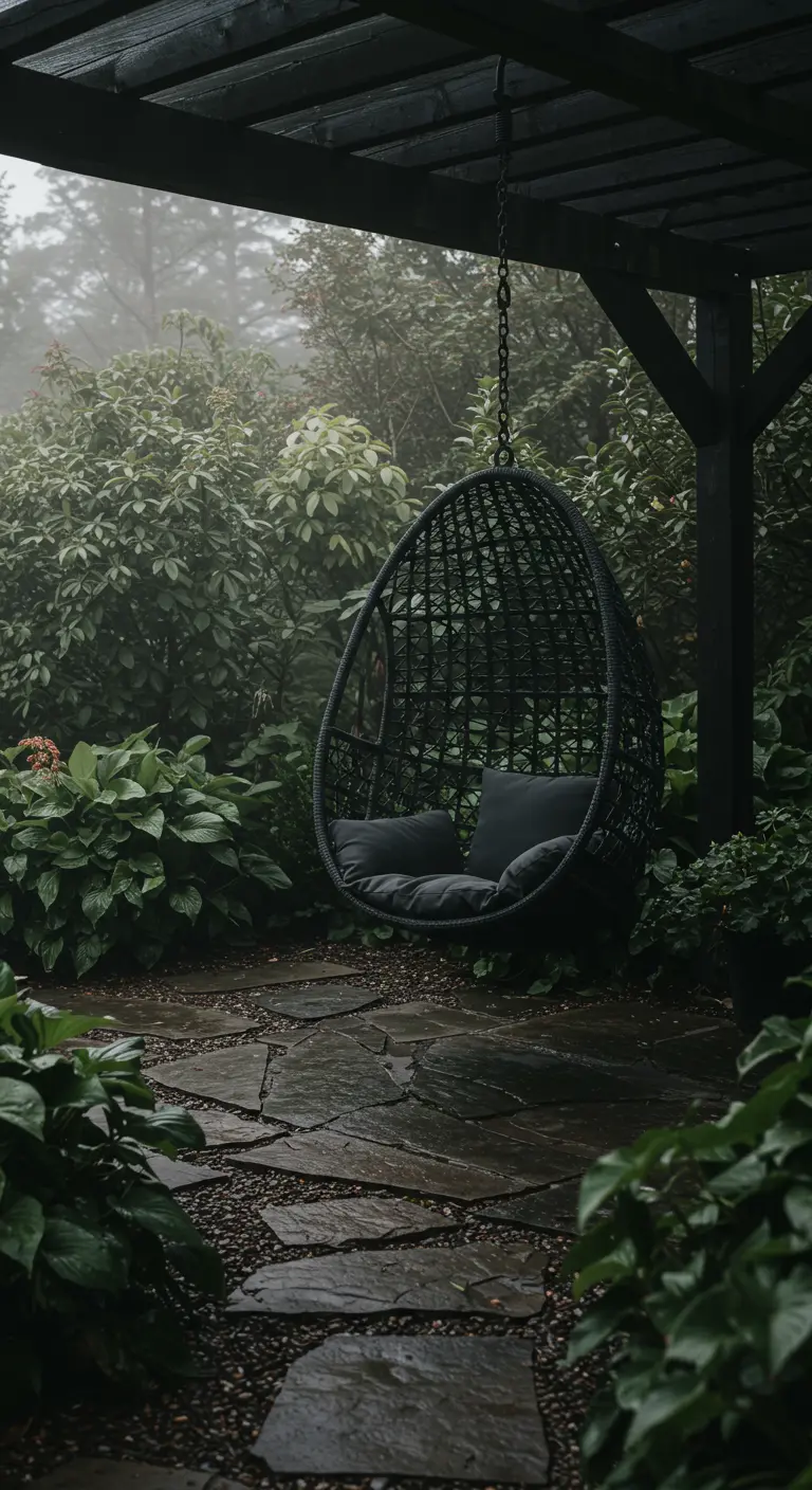 Zwarte eivormige hangstoel onder een donkere pergola in een mistige, groene tuin met een stenen pad.