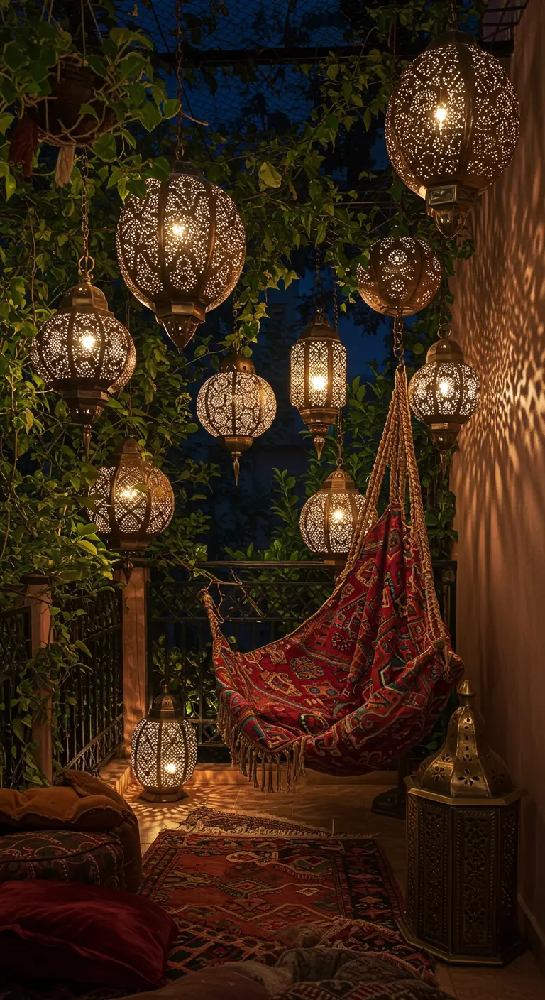 Balkon in Marokkaanse sfeer met een rode hangmat en een cluster van oosterse lantaarns.