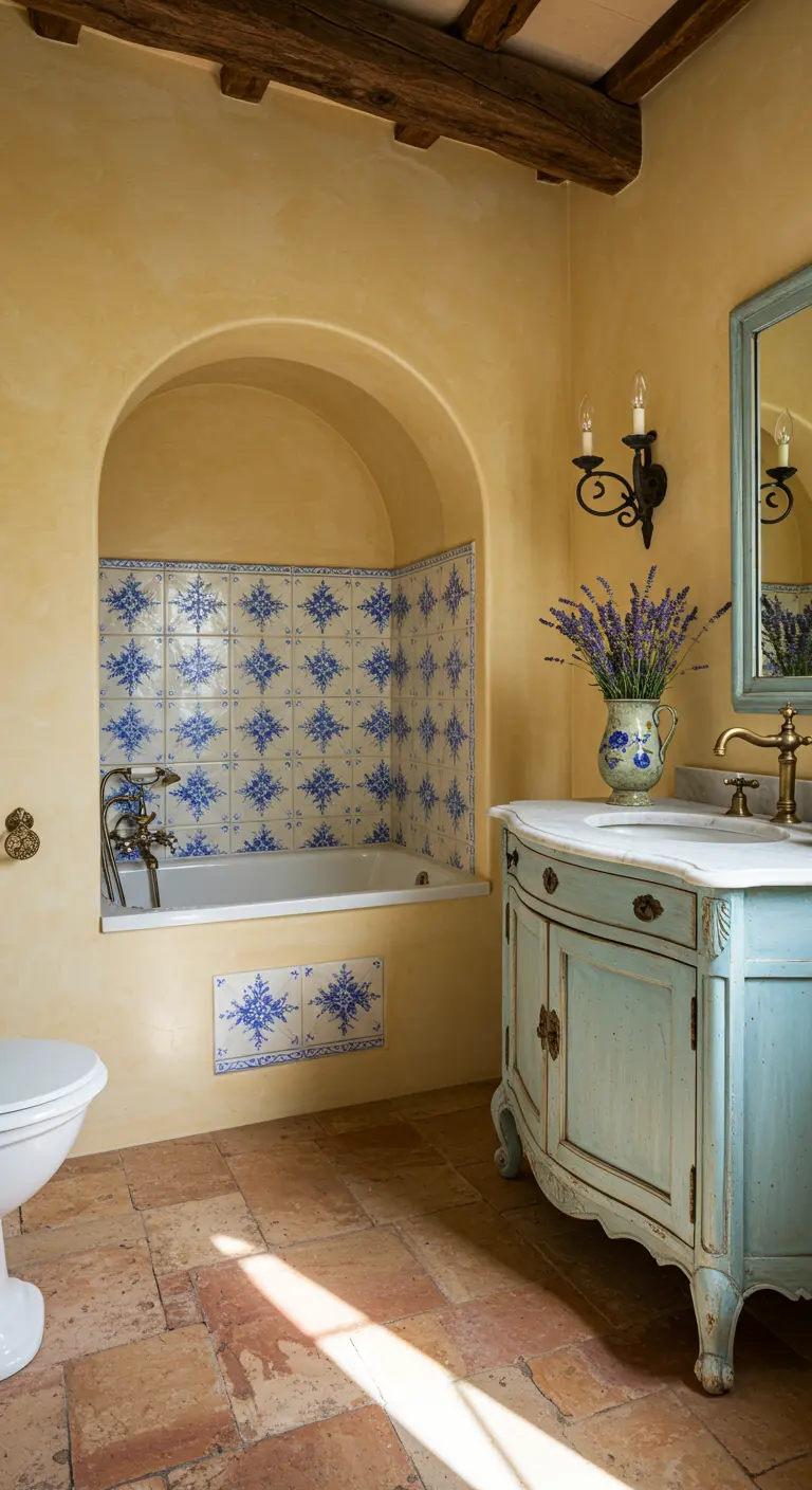 Badkamer met gele kalkmuren, een bad in een nis met blauwe tegels, en een lichtblauw kastje.