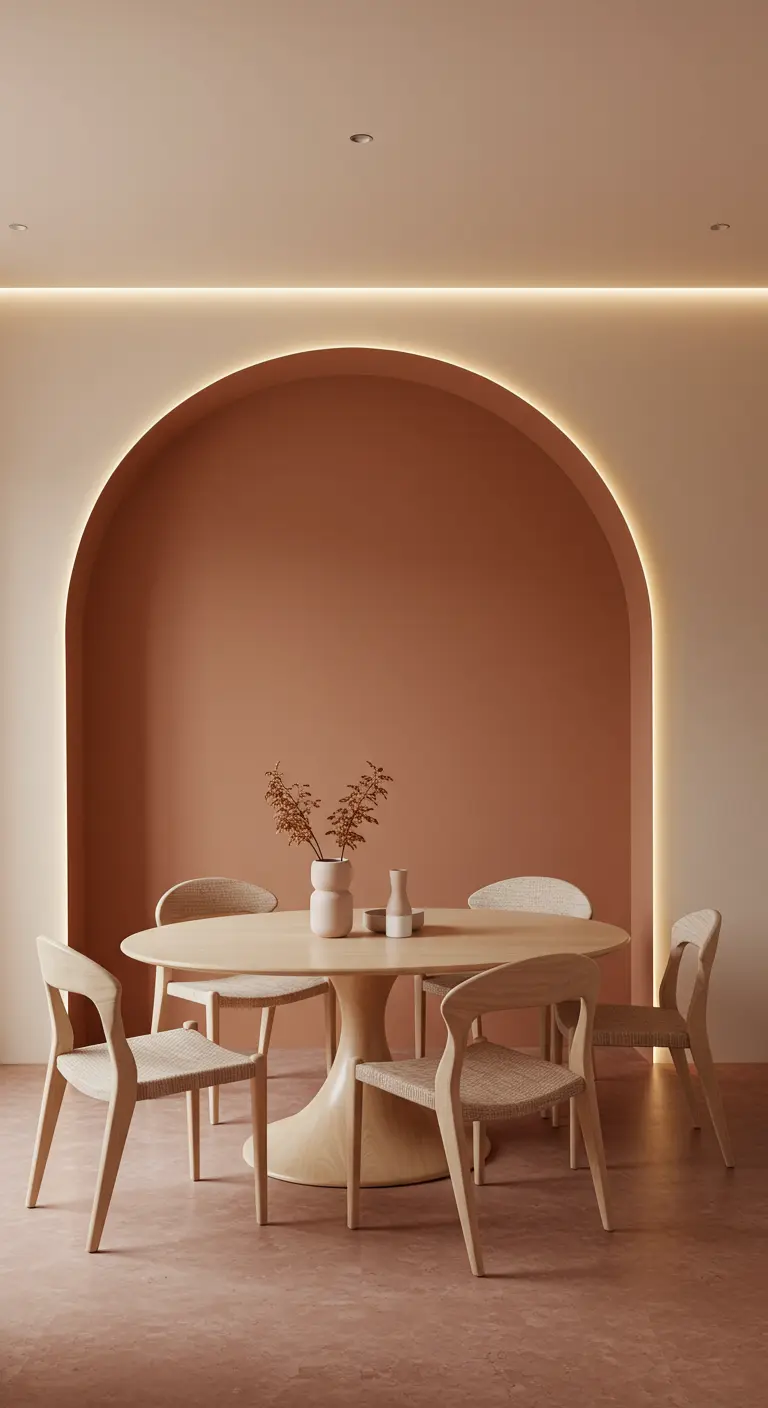Eetkamer met een ronde houten tafel in een boogvormige nis met terracotta kleur.