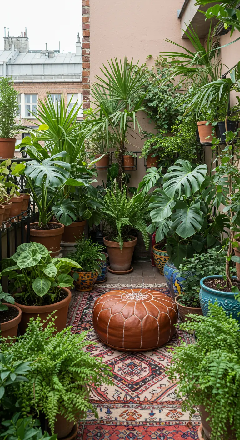 Klein balkon vol met diverse groene planten in terracotta potten, met een poef ertussen.