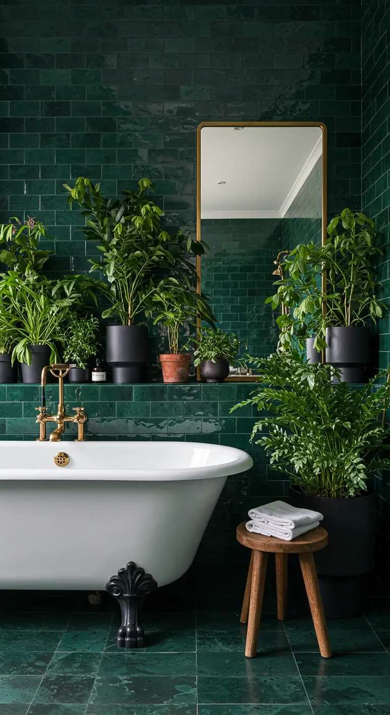 Donkergroen betegelde badkamer vol planten, met een vrijstaand bad en een messing kraan.