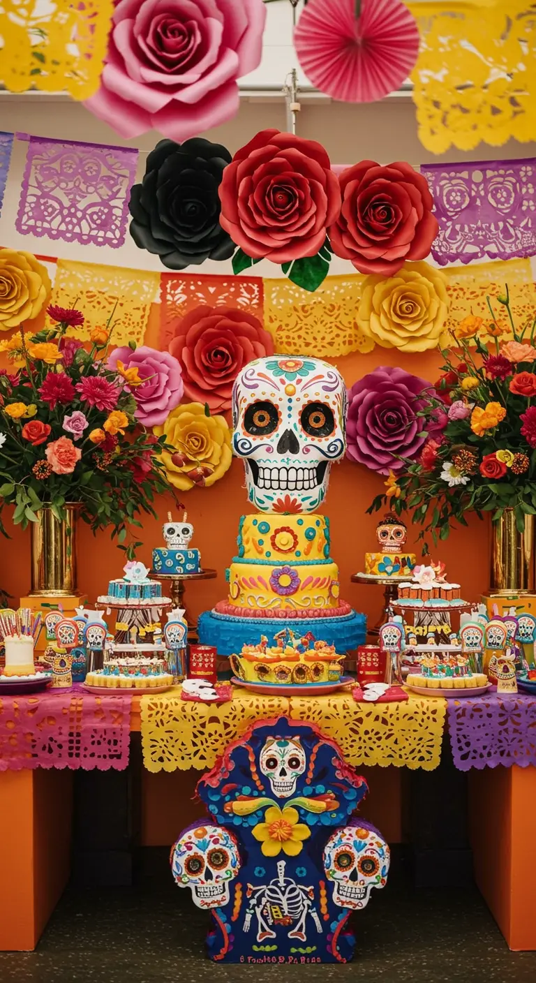 Kleurrijke desserttafel in Día de los Muertos-thema met een grote suikerschedel.