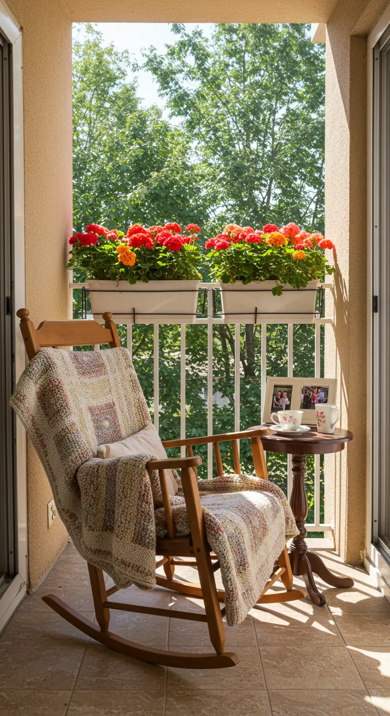 Houten schommelstoel op een balkon met een gehaakte sprei en een foto in een lijstje.