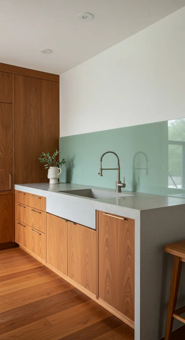 Houten keuken met betonnen aanrecht en een frisse, mintgroene glazen achterwand.