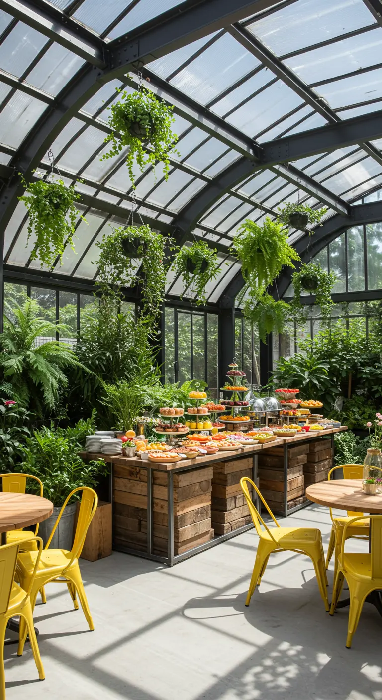 Lichte serre met een buffet op houten kratten en felgele metalen stoelen.