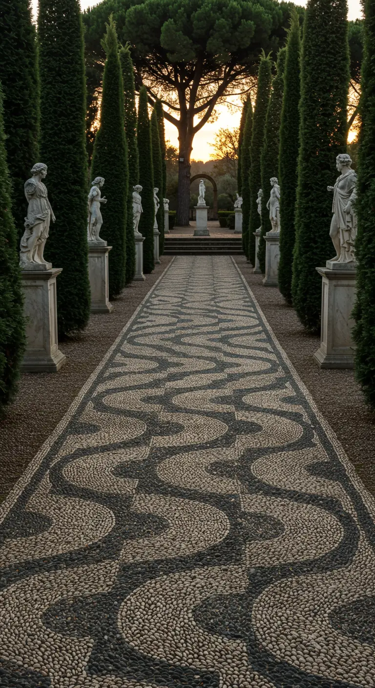 Indrukwekkend tuinpad met een golvend mozaïekpatroon van zwarte en witte kiezels, omringd door cipressen.