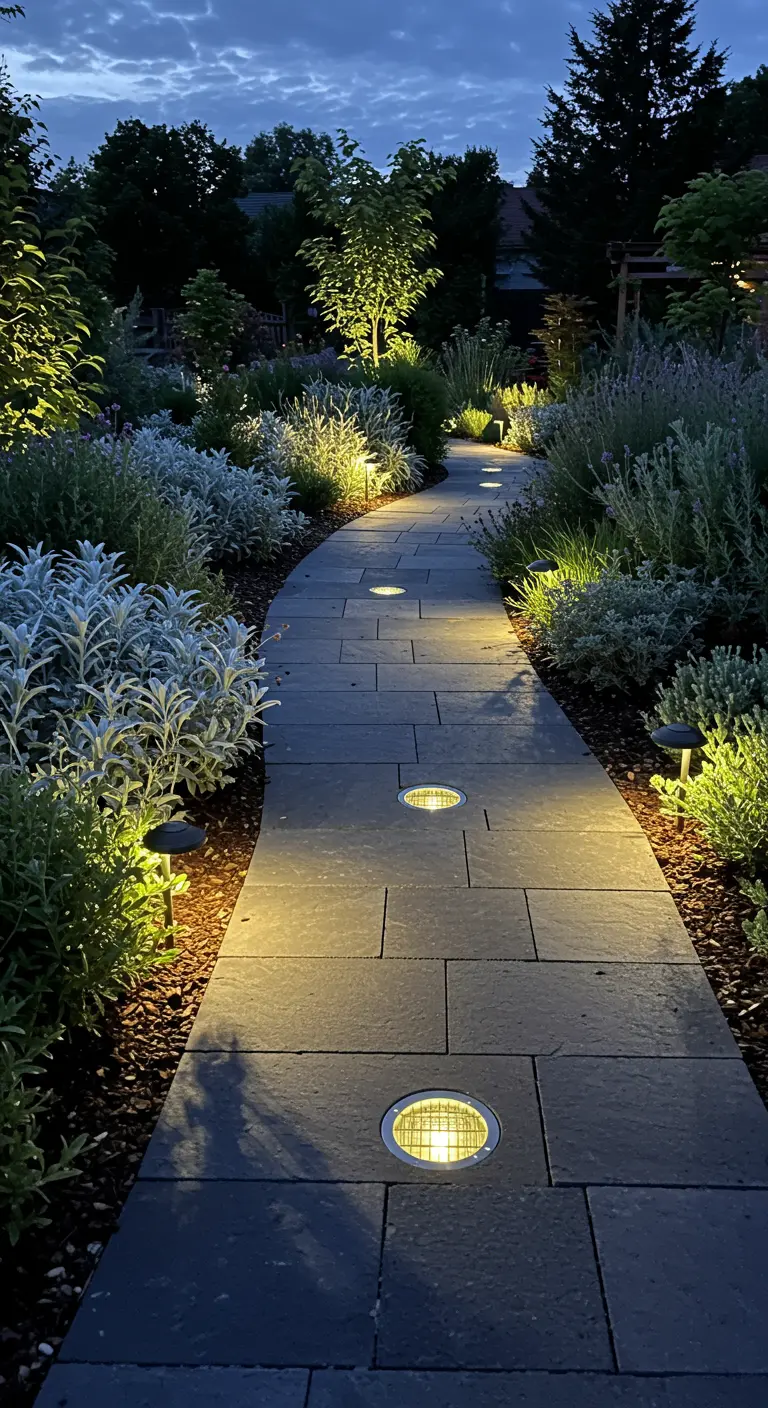 Donkergrijs tuinpad 's avonds, verlicht door ingebouwde ronde grondspots en omringende tuinlampen.