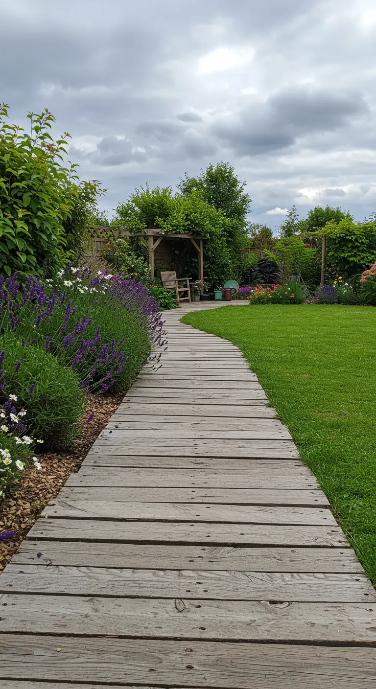 Tuinpad gemaakt van verweerde palletplanken, slingerend door een groene tuin met lavendel.