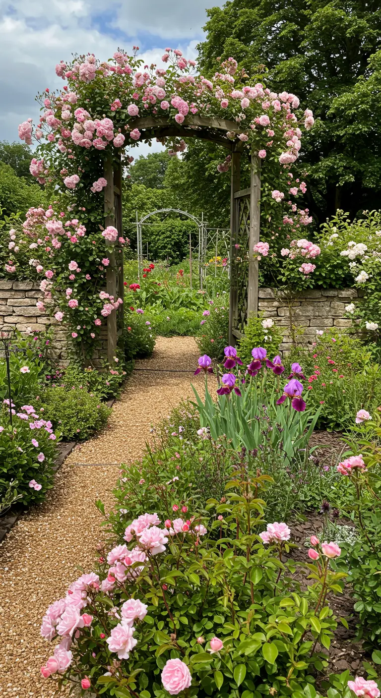 Tuinpad van grind omgeven door weelderige borders met roze rozen en paarse irissen.