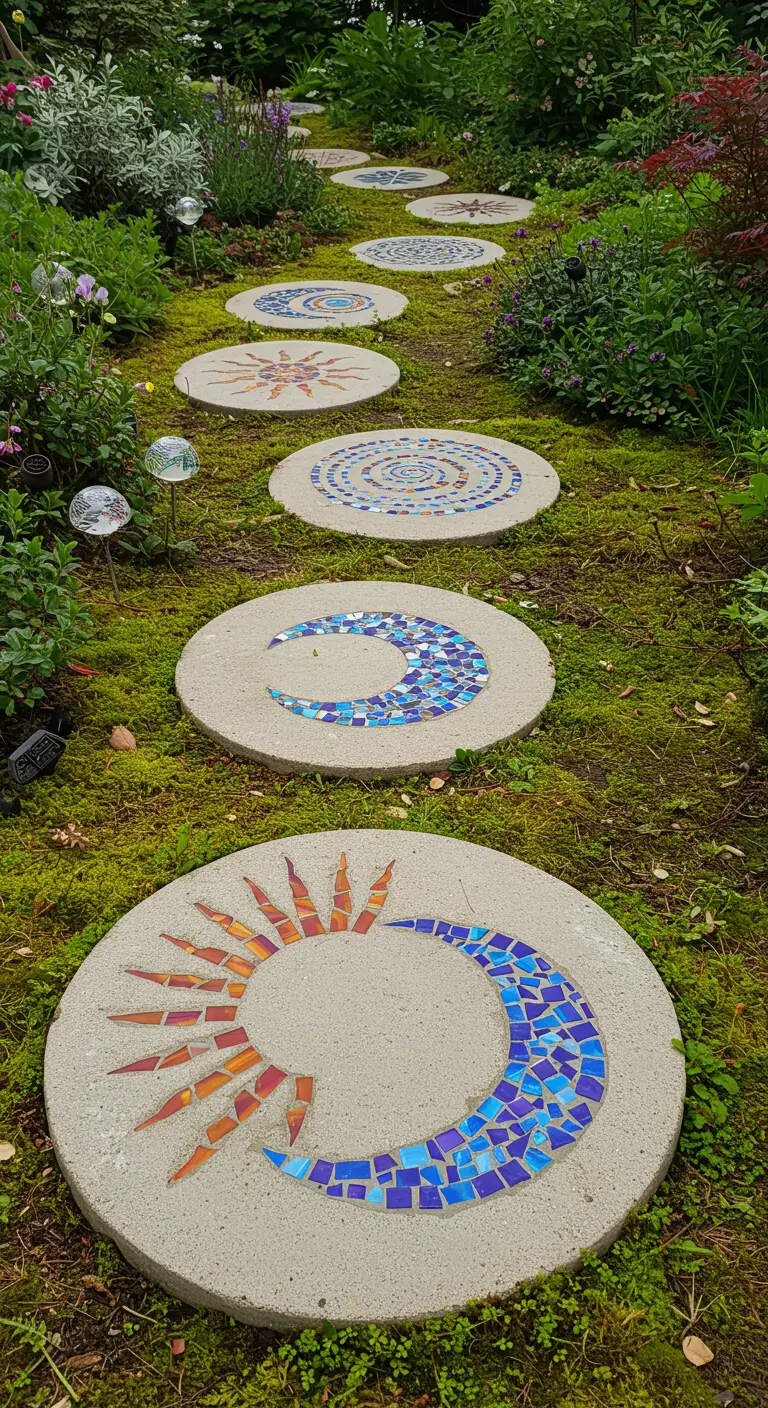 Tuinpad van ronde betonnen stapstenen, elk versierd met een kleurrijk mozaïekpatroon.