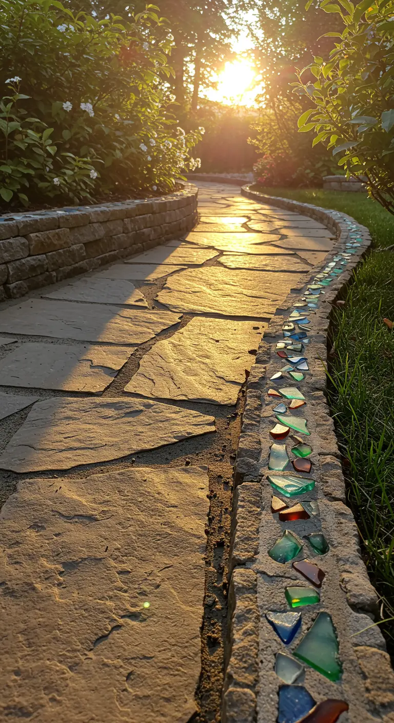 Rand van een stenen tuinpad, ingelegd met een mozaïek van gekleurd zeeglas.