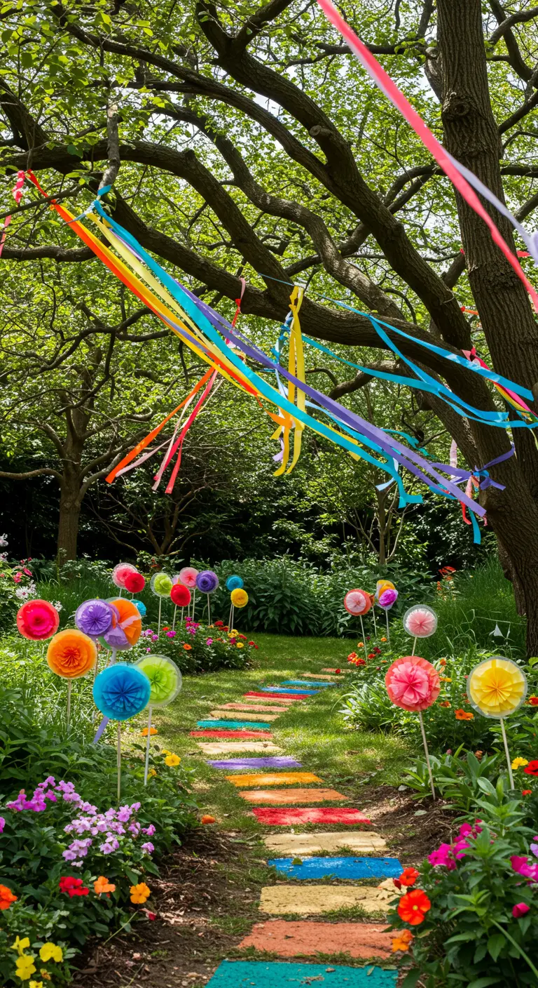 Tuinpad met regenboogkleurige stenen, papieren bloemen en linten in de bomen.