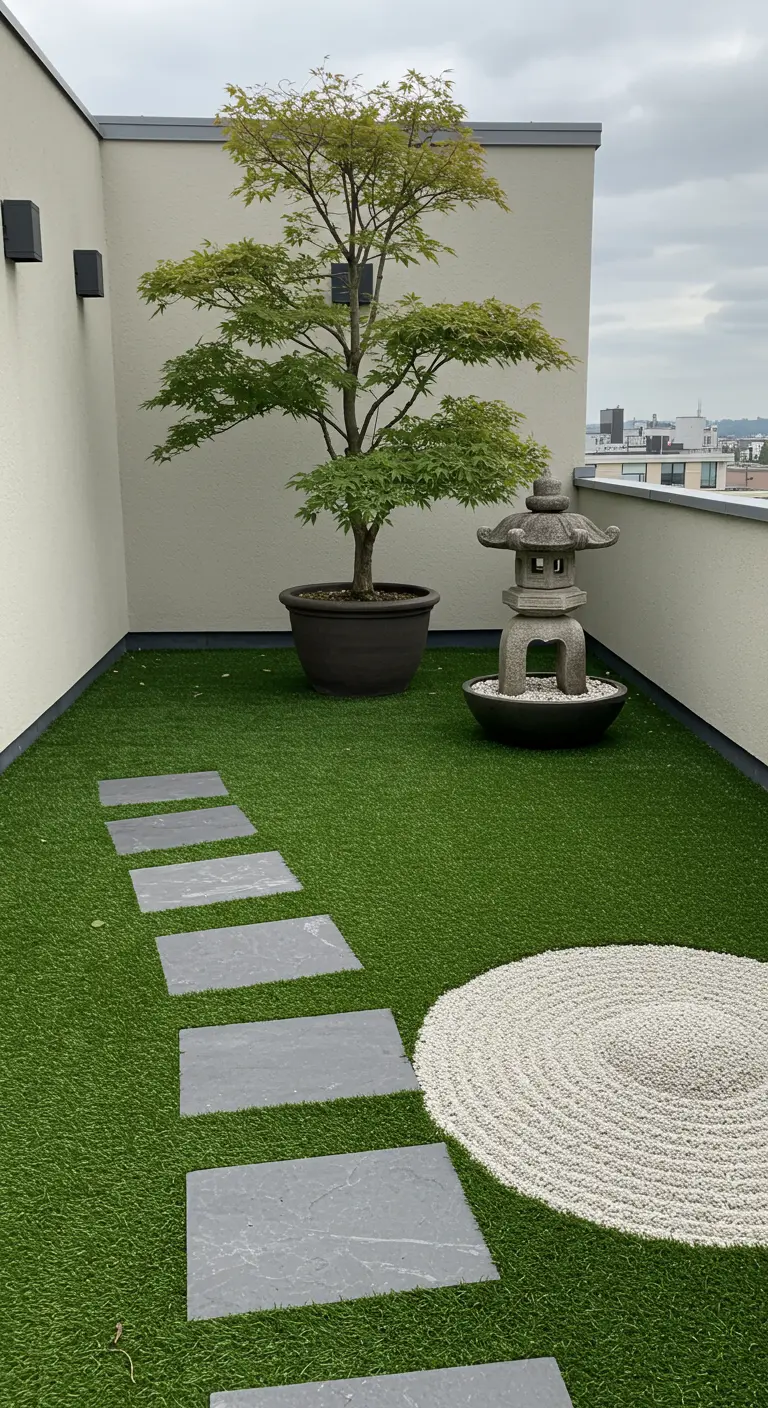 Japans geïnspireerd balkon met kunstgras, stapstenen, een esdoorn en een stenen lantaarn.