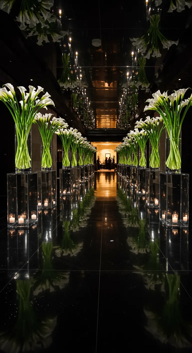 Lange gang met witte calla's op verlichte zuilen en een spiegelende vloer.
