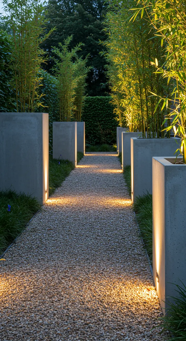 Grindpad geflankeerd door hoge betonnen plantenbakken met bamboe, verlicht van binnenuit.