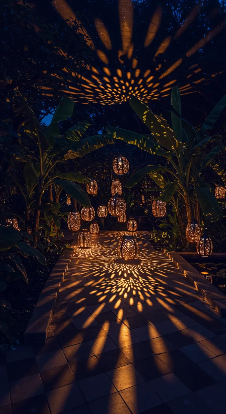 Tuinpad 's nachts verlicht door vele Marokkaanse lantaarns die patronen op de grond werpen.