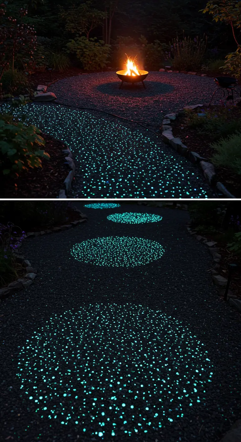 Donker grindpad dat 's nachts oplicht met duizenden kleine, blauwe glow-in-the-dark steentjes.