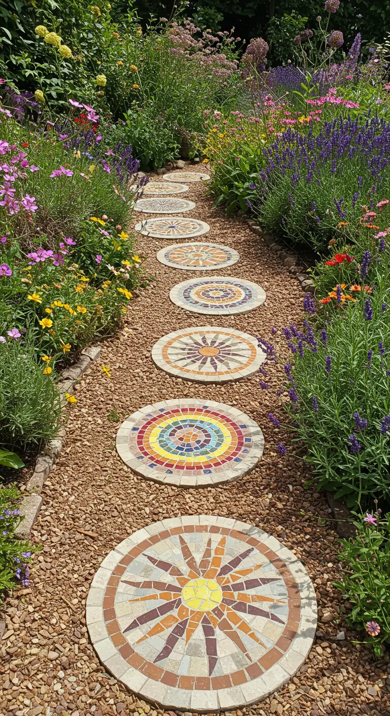 Tuinpad van grind met ronde, zelfgemaakte mozaïek stapstenen met kleurrijke patronen.