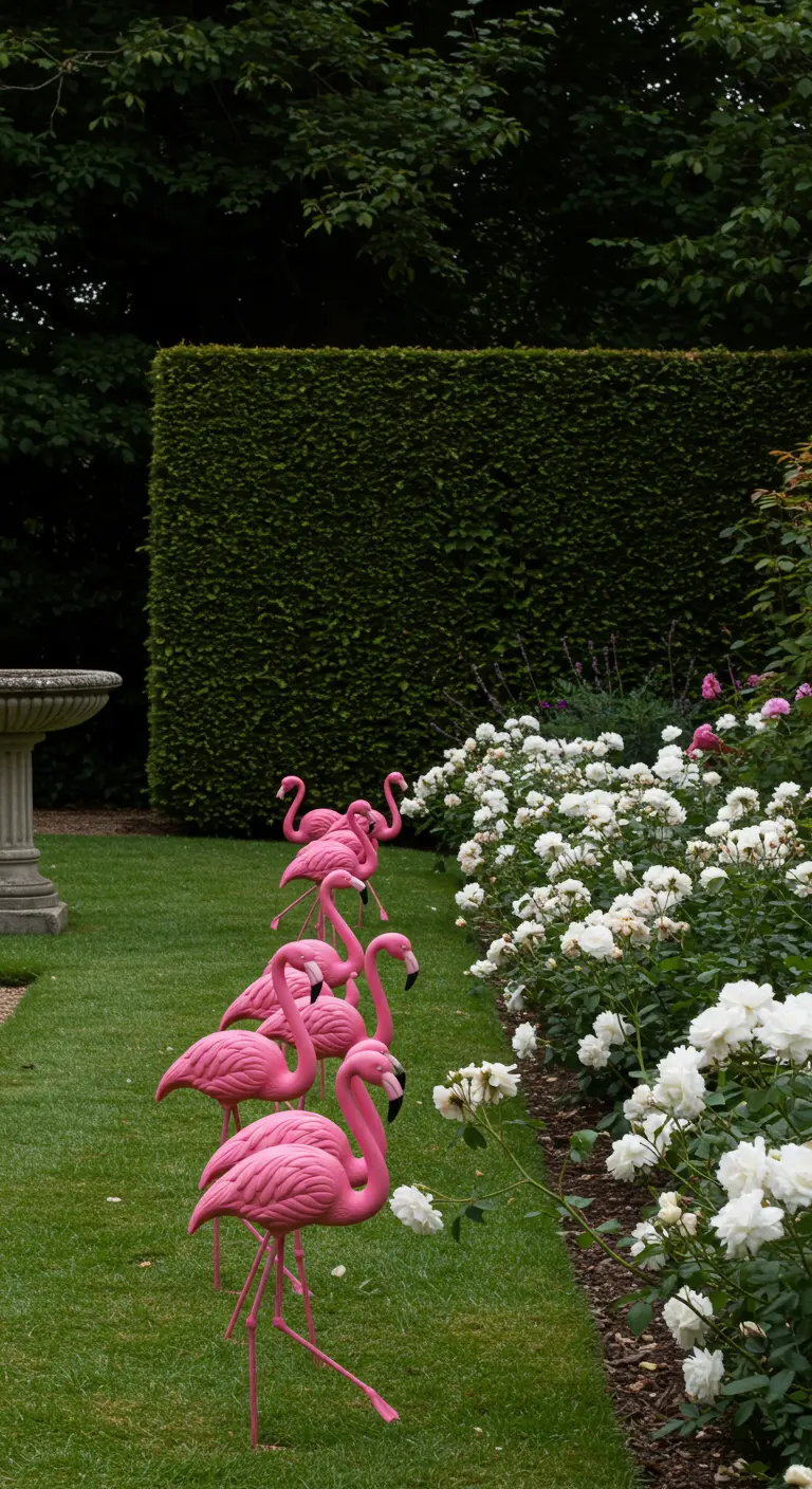 Rij van roze plastic flamingo's in een formele tuin langs een border met witte rozen.