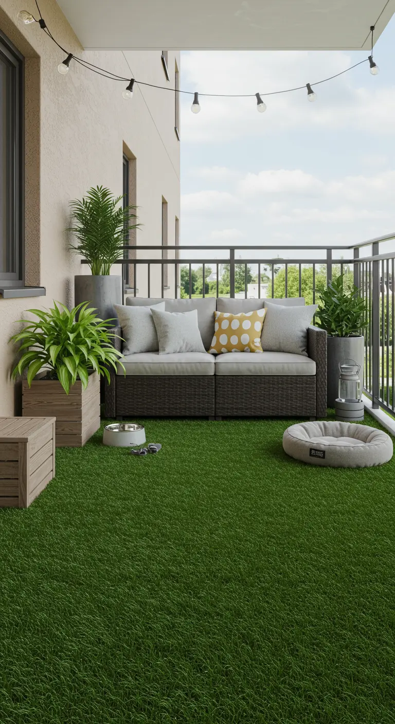 Balkon met kunstgras, een loungebank, planten en een comfortabele hondenmand.