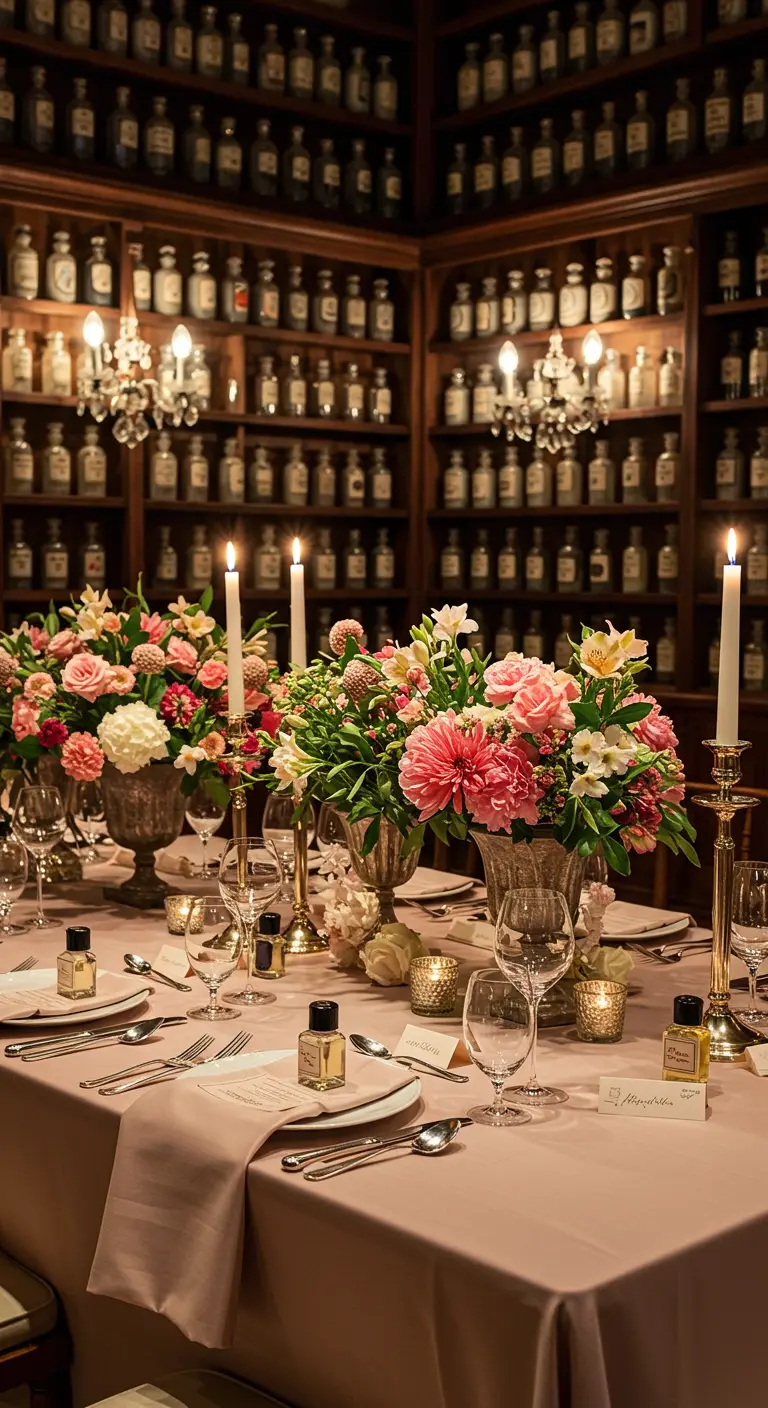 Elegant gedekte tafel met roze bloemen en kleine parfumflesjes voor elke gast.