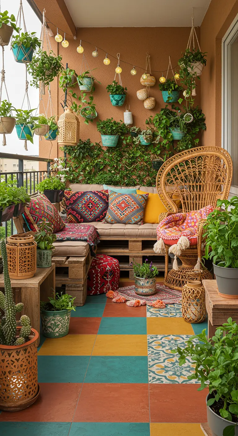 Bohemian balkon met een kleurrijke mix van tegels, een palletbank en veel planten.