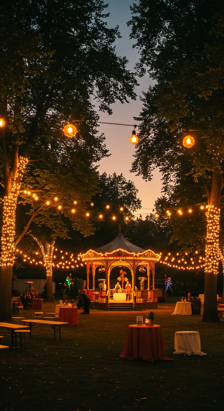 Tuinfeest bij schemering met een paviljoen en bomen die versierd zijn met lichtsnoeren.
