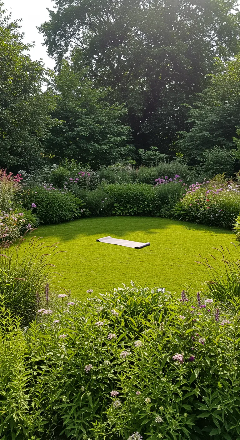 Perfect gemaaide cirkel in een grasveld omringd door wilde bloemen, met een yogamat in het midden.