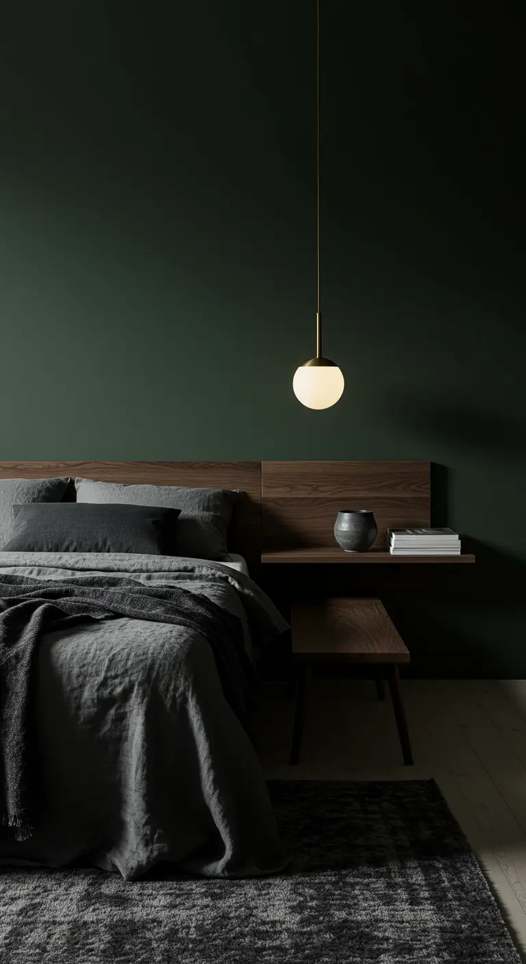 Donkergroene slaapkamer met een houten hoofdbord en één enkele messing pendellamp naast het bed.