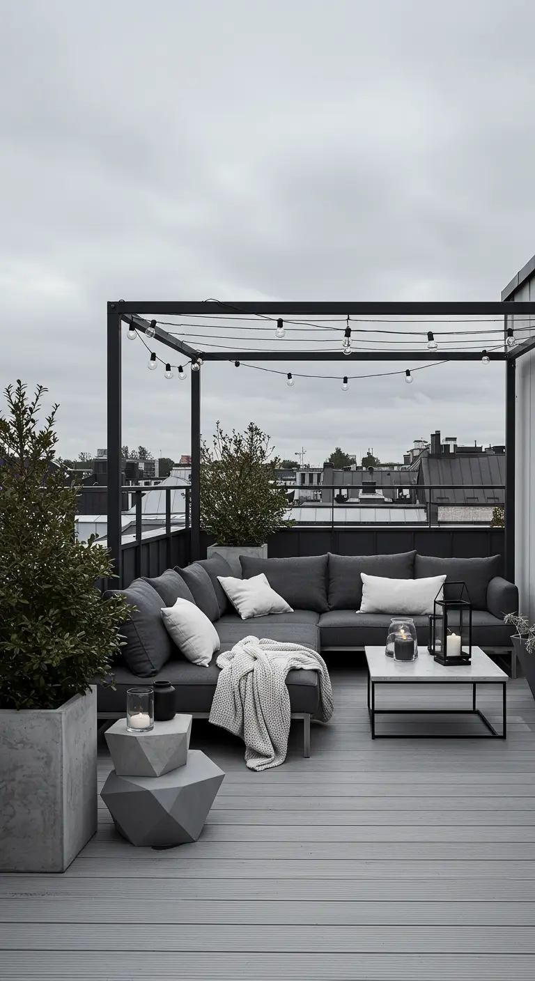 Modern dakterras met een grote grijze hoekbank onder een zwarte pergola met lampjes.