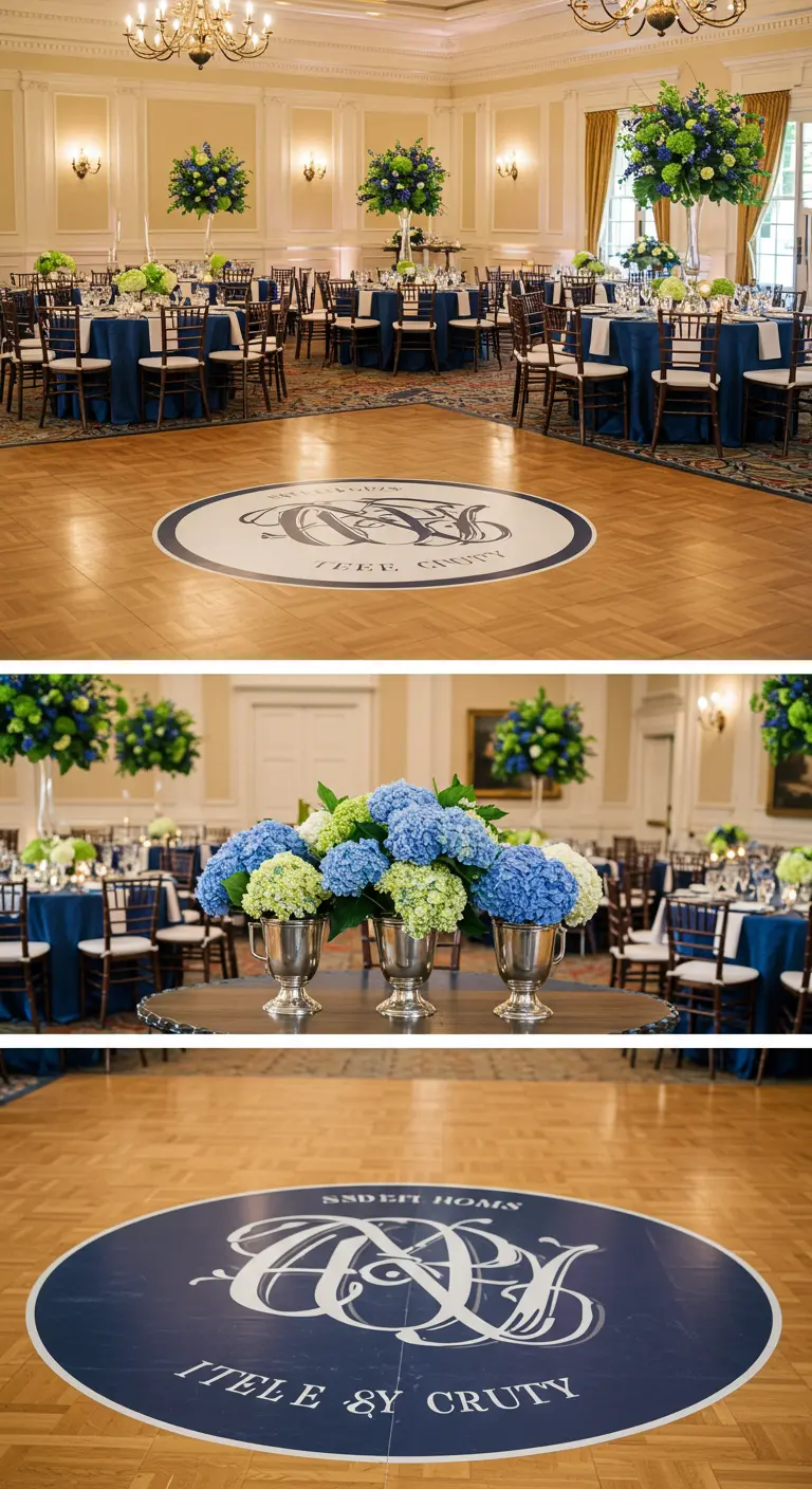Klassieke dansvloer in een balzaal met een groot, modern monogram in het midden.