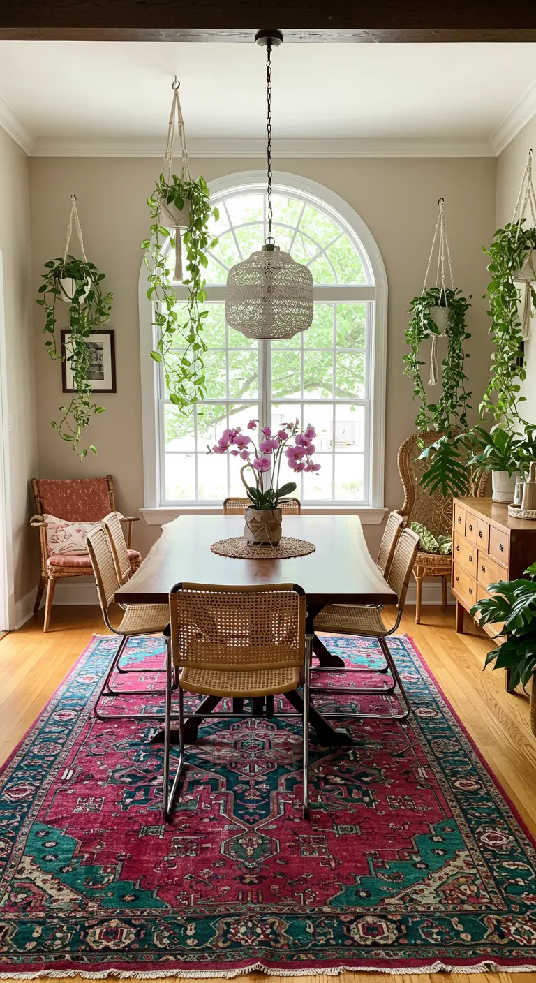 Bohemien eetkamer vol hangplanten, met een opvallend roze en turquoise Perzisch tapijt.
