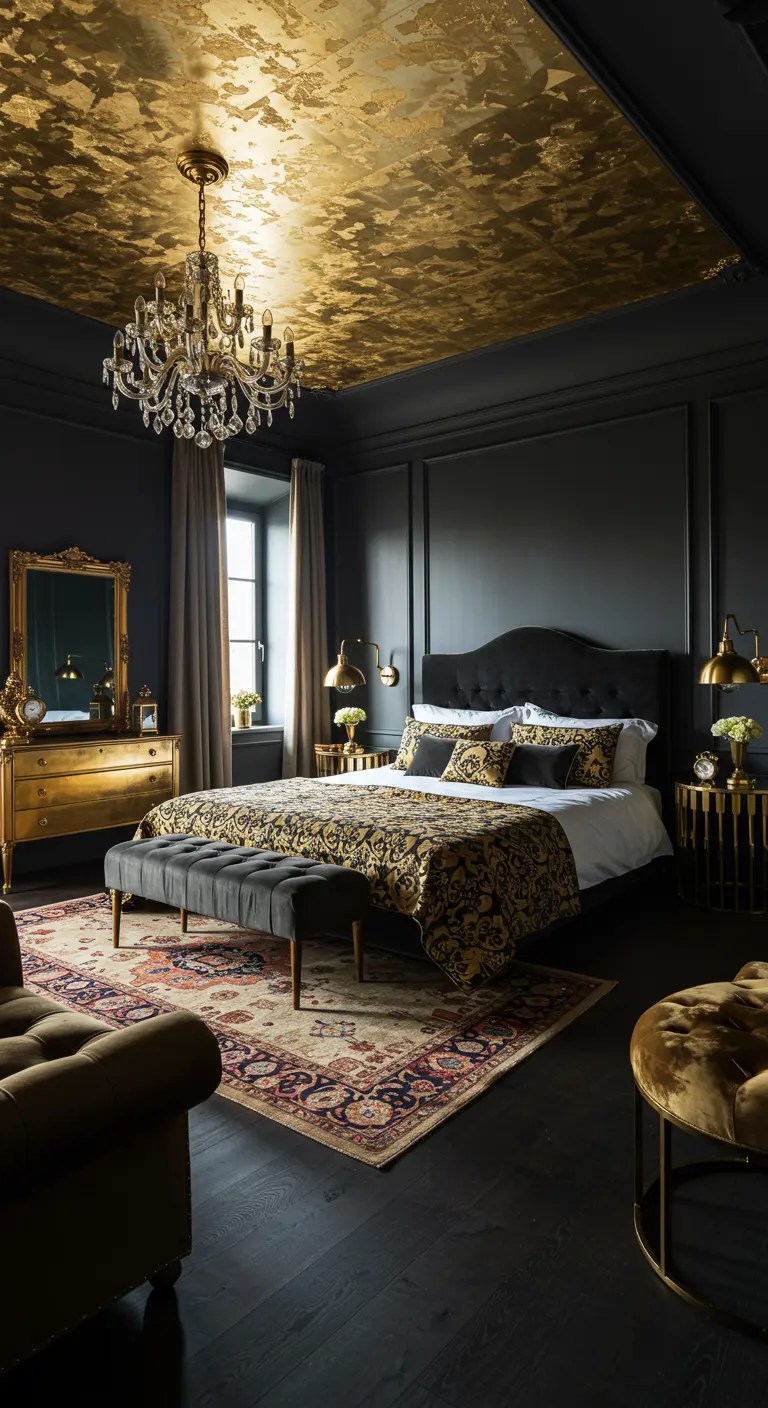 Luxe slaapkamer met zwarte muren, een gouden plafond en een kristallen kroonluchter.