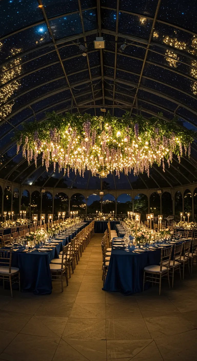 Lange dinertafels met blauwe kleden in een kas, met een grote hangende bloemen- en lichtinstallatie.