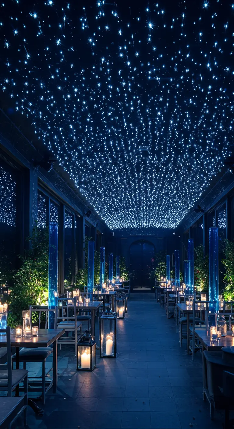 Restaurantsetting met een plafond dat volledig is bedekt met kleine, blauwe lichtjes die een sterrenhemel vormen.