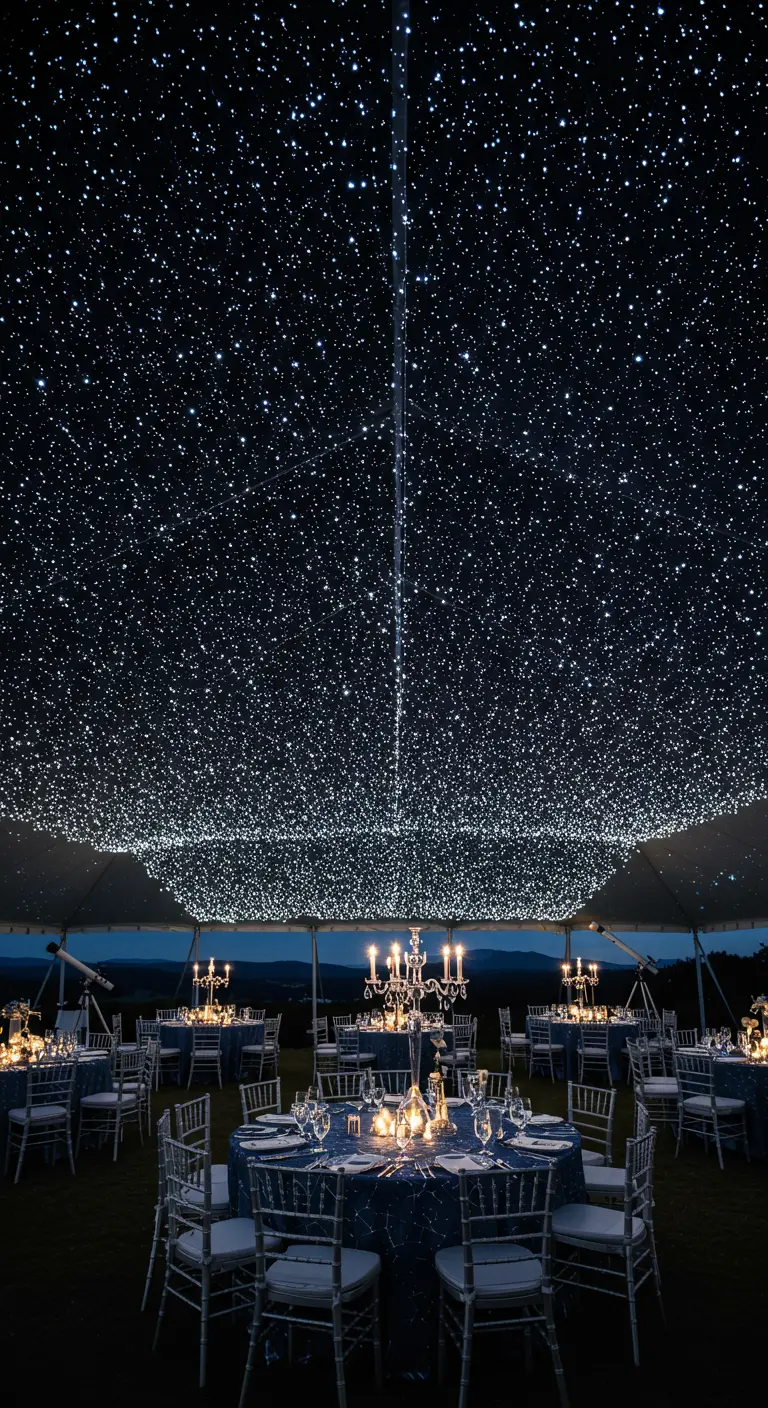 Tentplafond volledig bedekt met kleine lichtjes, lijkend op een sterrenhemel boven dinertafels.