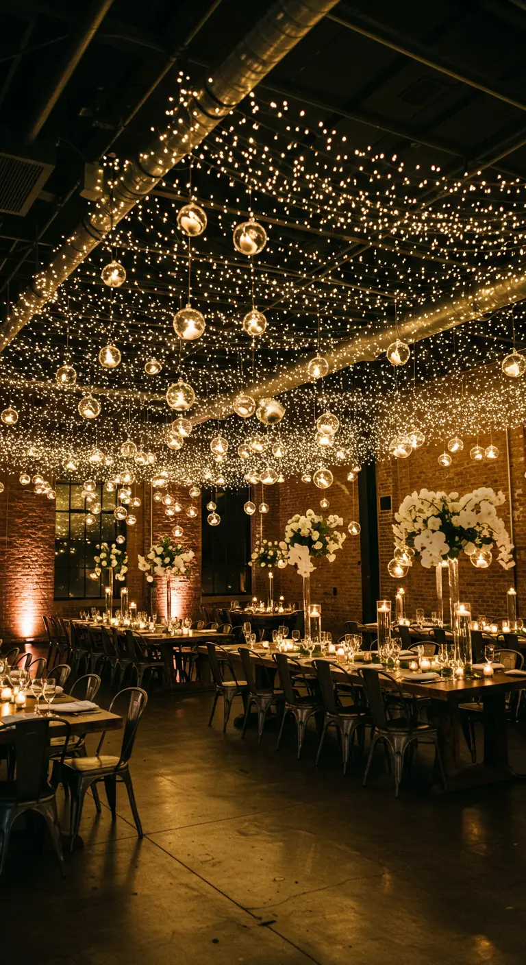 Industriële trouwzaal met een plafond vol fonkelende lichtjes en lange dinertafels.