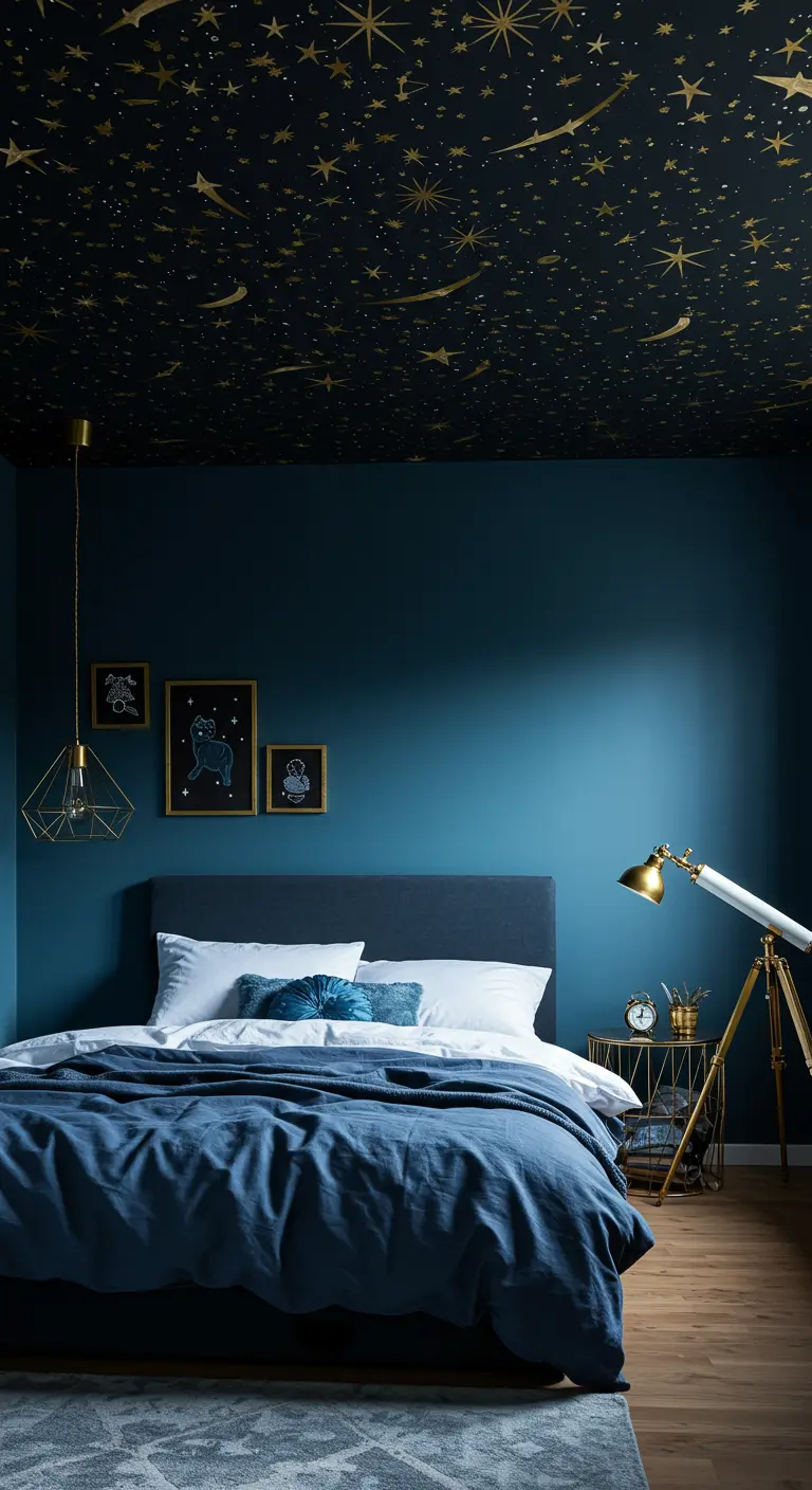 Slaapkamer met een zwart plafond met gouden sterren, blauwe muren en een gouden telescoop.