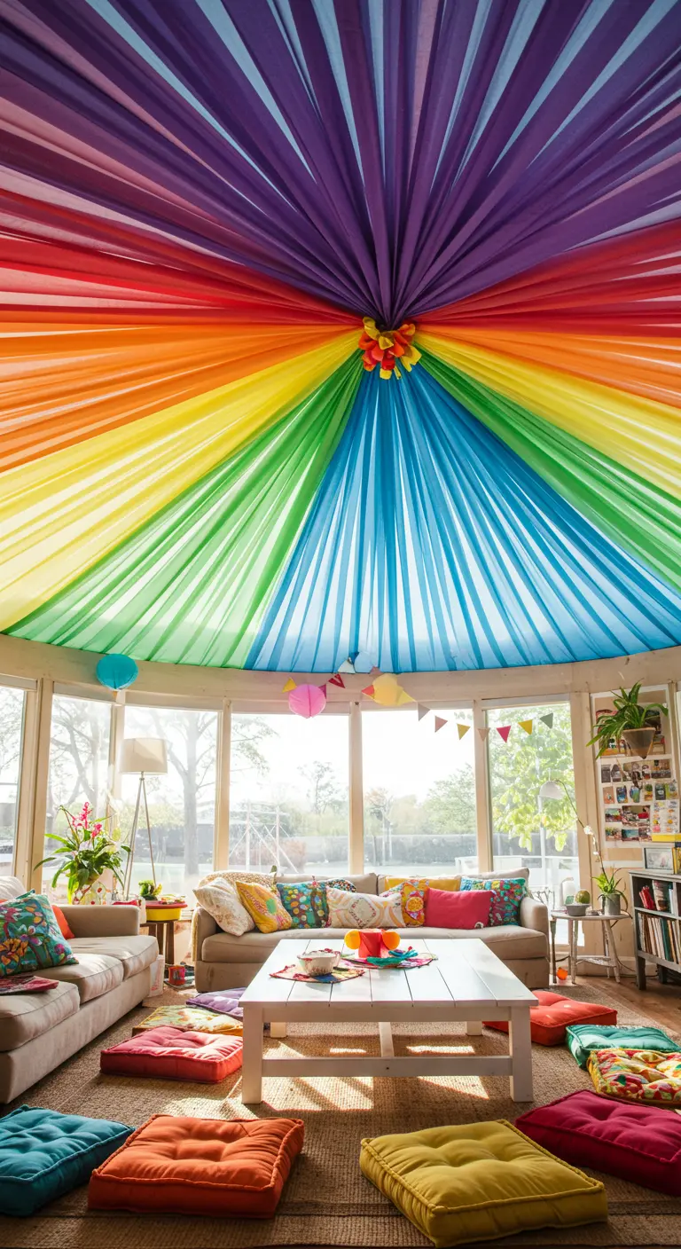 Woonkamer met een regenboogplafond van stof en kleurrijke zitkussens op de vloer.