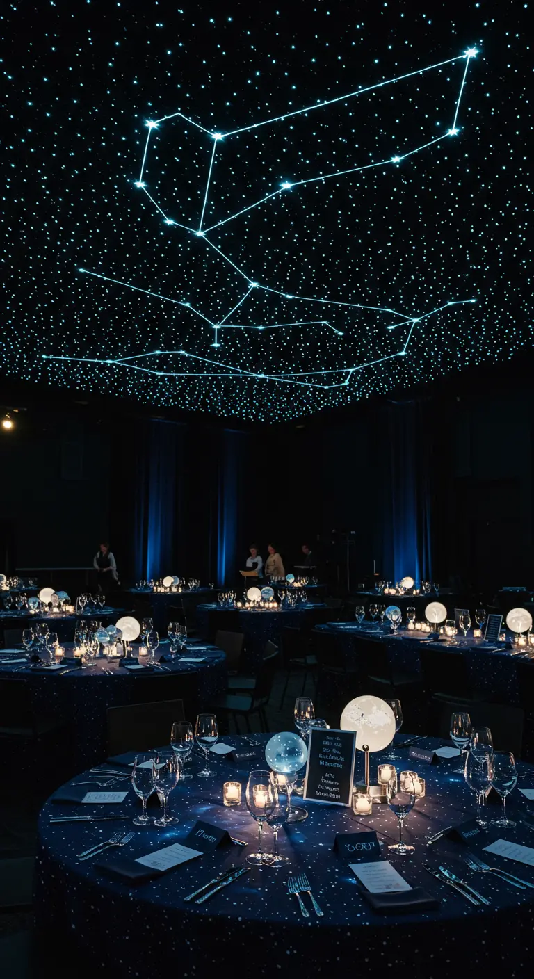 Grote donkere feestzaal waarbij het plafond is verlicht als een sterrenhemel met sterrenbeelden.