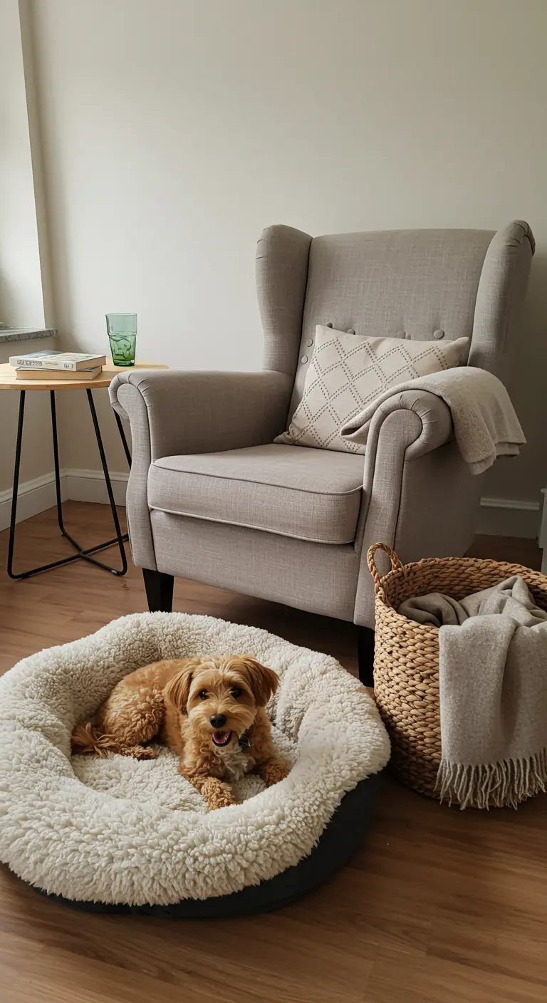 Gezellige leeshoek met een lichte fauteuil en een hond die comfortabel in zijn mand ligt.