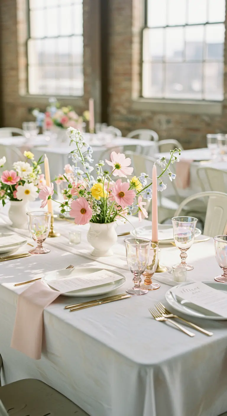 Lichte, zomerse tafel met boeketjes veldbloemen in witte vaasjes en gekleurd glaswerk.
