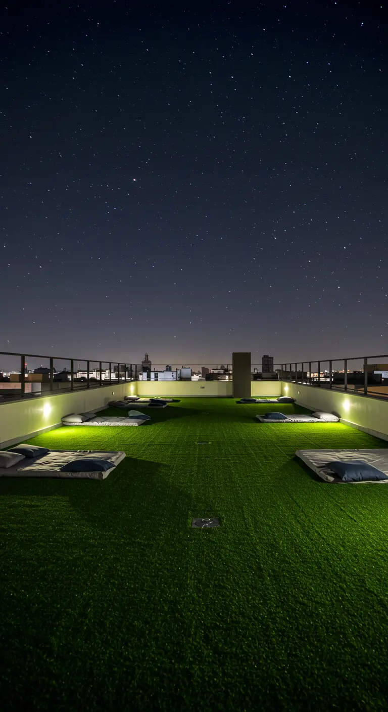 Dakterras met kunstgras en kussens op de grond, onder een heldere sterrenhemel.