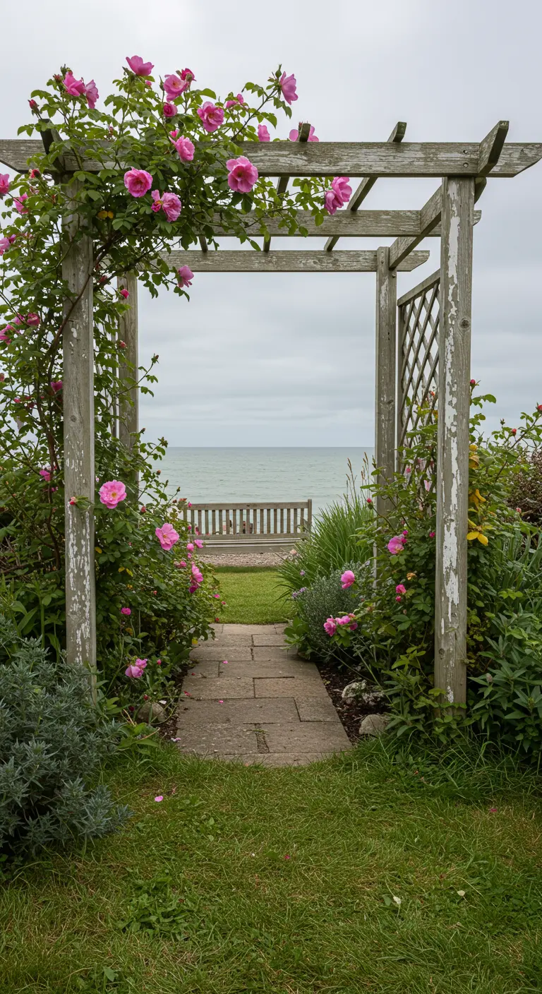Verweerde houten pergola met roze rozen, die een pad omlijst dat leidt naar de zee.