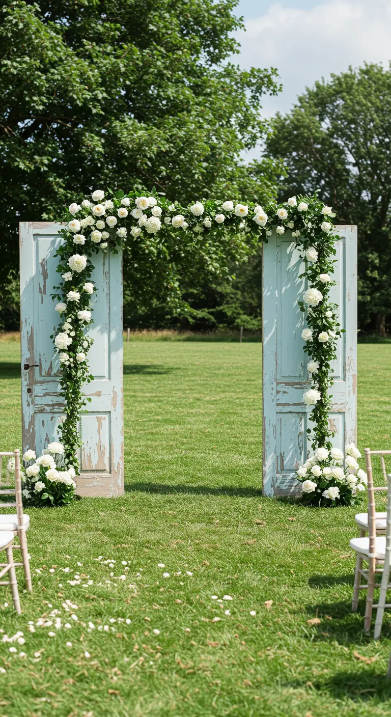 Trouwboog gemaakt van twee oude, blauwgroene deuren, versierd met witte bloemen.