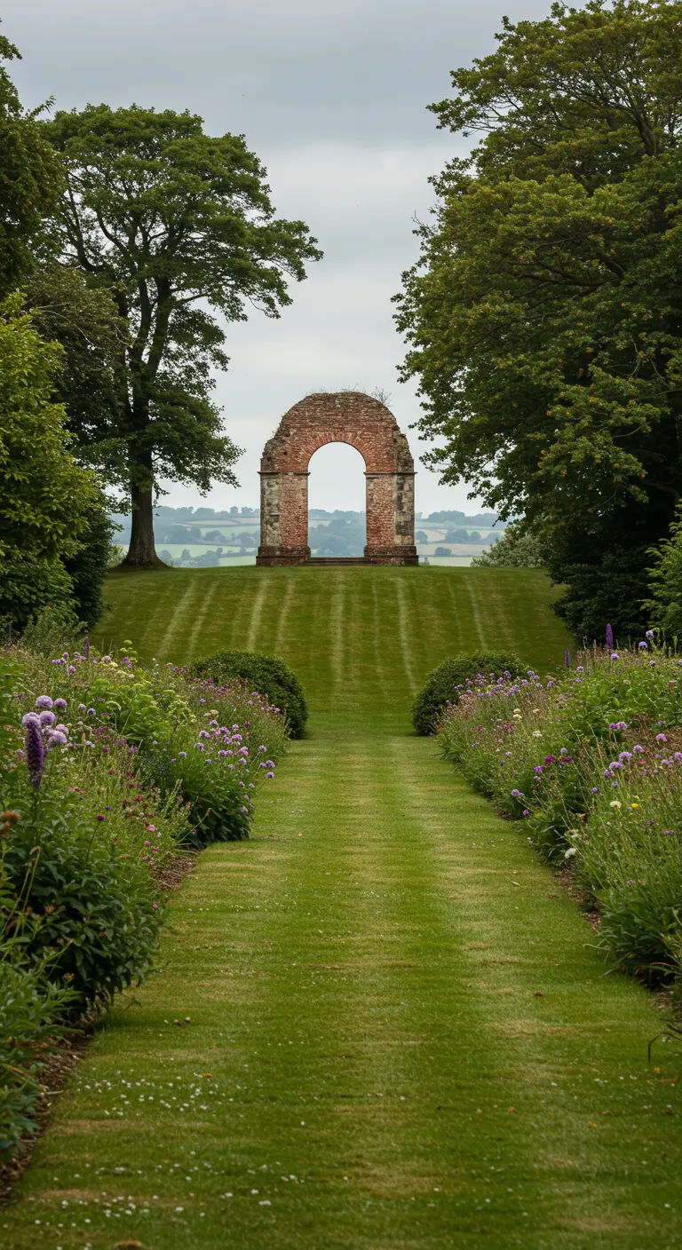 Oude, gemetselde ruïne van een boog die als een venster fungeert in een glooiend landschap.