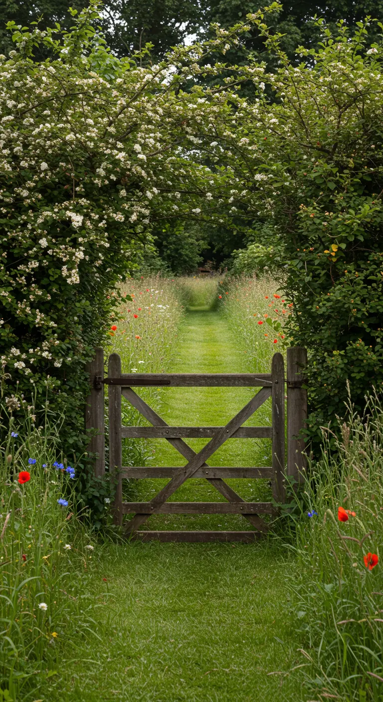 Houten hek in een weelderige, wilde bloemenweide met een gemaaid graspad dat dieper de natuur in leidt.