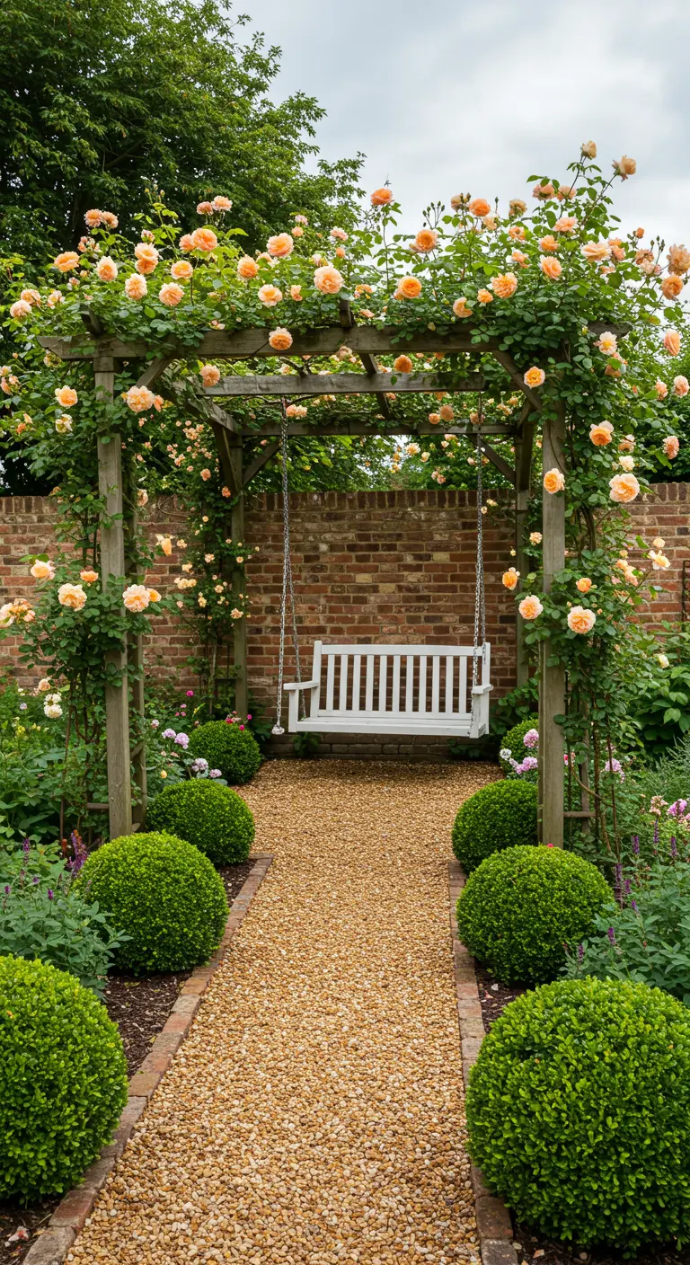 Witte houten schommel onder een met perzikkleurige rozen begroeide pergola in een Engelse tuin.